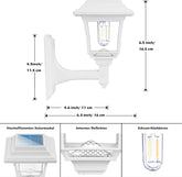 Measurement chart of a white outdoor wall light fixture with dimensions and features highlighted.